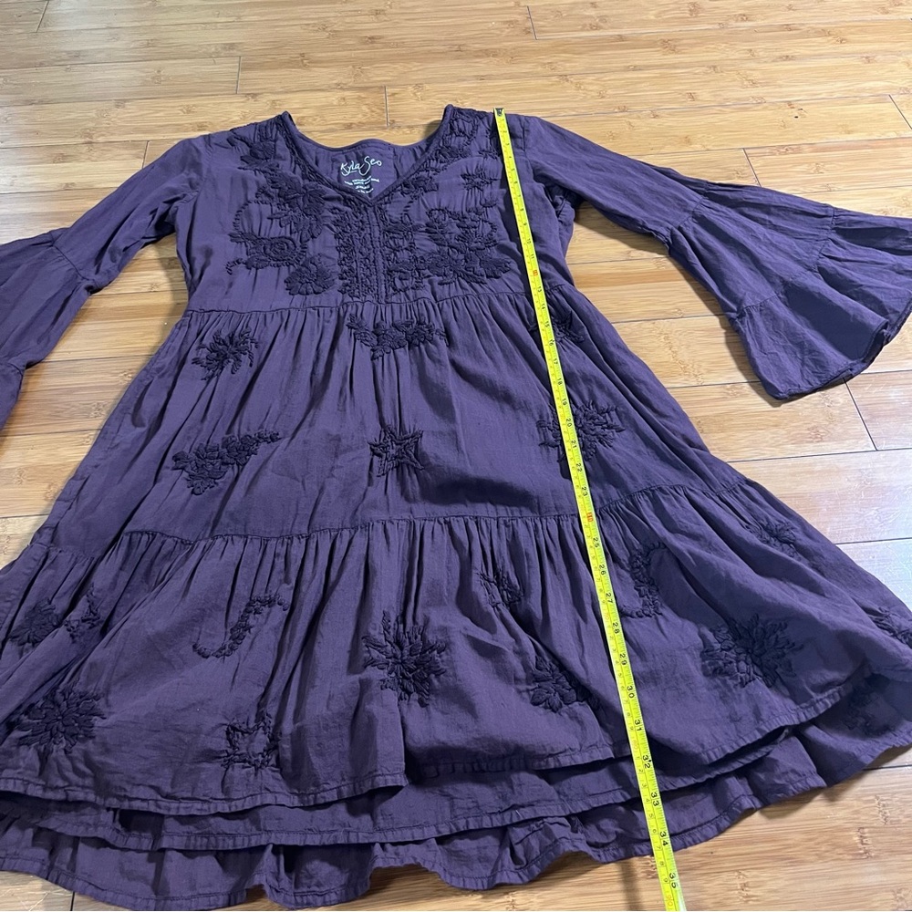 Kyla Seo Ula Bell Sleeve Embroidered Cotton Whimsigoth Mini Dress - Oxblood - Picture 11 of 14
